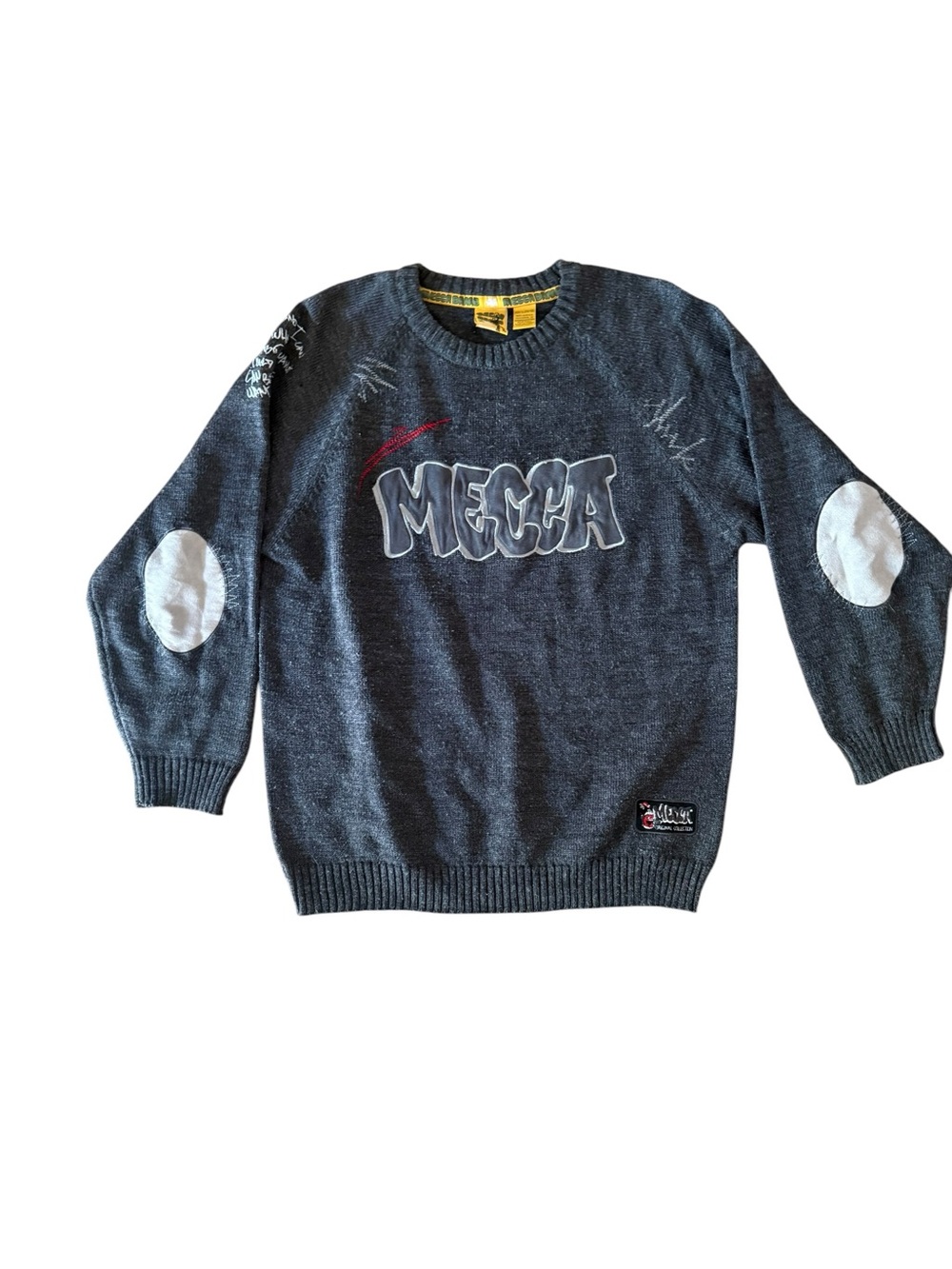 mecca Charcoal Gray Crewneck Sweater with White Elbow Patches and Red Accent boy